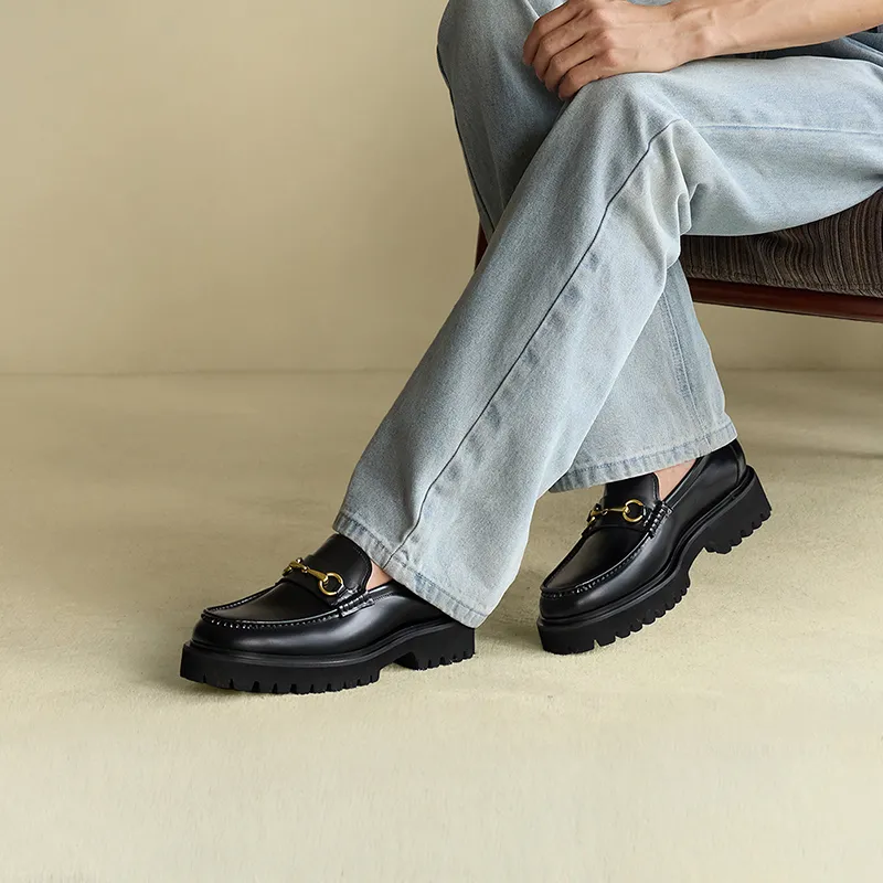 THOM WILLS British Style Casual Versatile Slip on Shoes Loafers 4.8cm Men's Black-6