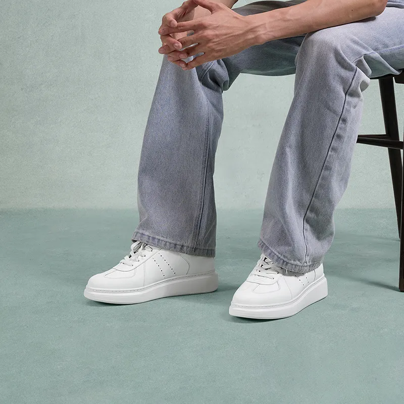 THOM WILLS Trendy Fashion Calfskin Platform German Army Trainers Low Top Skateboard Shoes Men's White-7