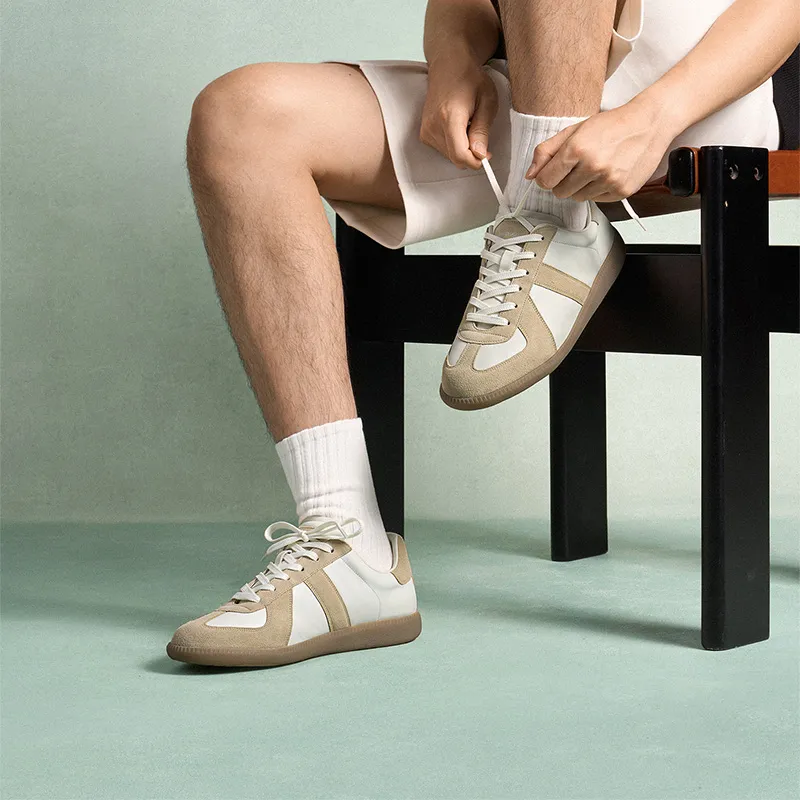 THOM WILLS Vintage Casual German Army Trainers Low Top Skateboard Shoes Unisex Light Apricot White-5
