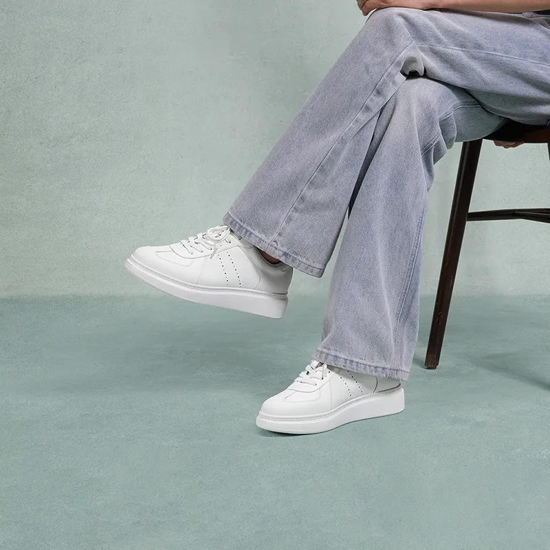 THOM WILLS Trendy Fashion Calfskin Platform German Army Trainers Low Top Skateboard Shoes Men's White-5