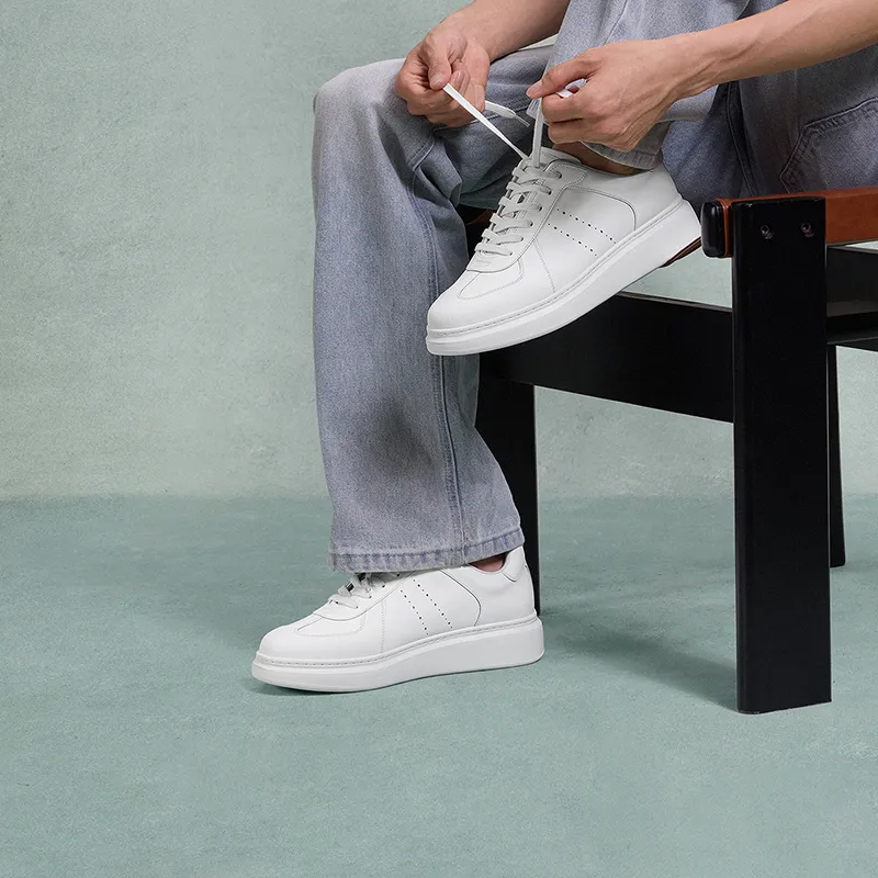 THOM WILLS Trendy Fashion Calfskin Platform German Army Trainers Low Top Skateboard Shoes Men's White-6