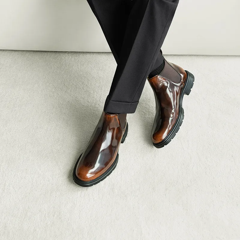 THOM WILLS British Business Versatile Formal Wear Leather Boots Short Chelsea Boots Men's Dark Brown Repainted-5