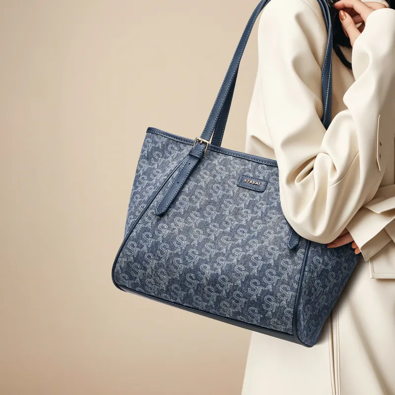 ST&SAT Fabric With Synthetic Leather Denim Bag Tote Bag, Shopping Bag, Shoulder Bag Women's Blue-4