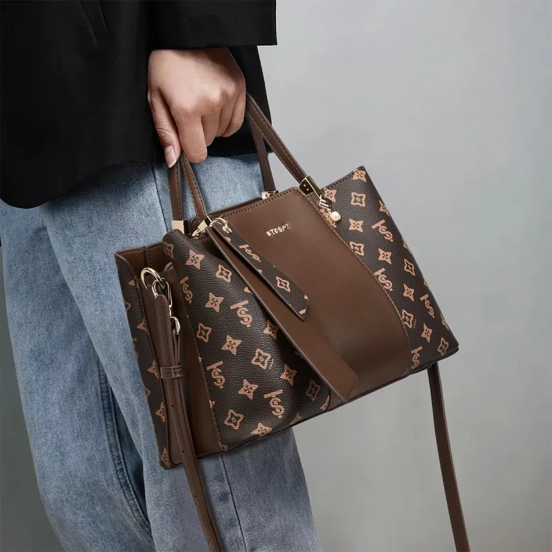 ST&SAT PVC Mom Bag, Shoulder Bag, Crossbody Bag, Handbag Women's Milk Apricot/dark Coffee-9