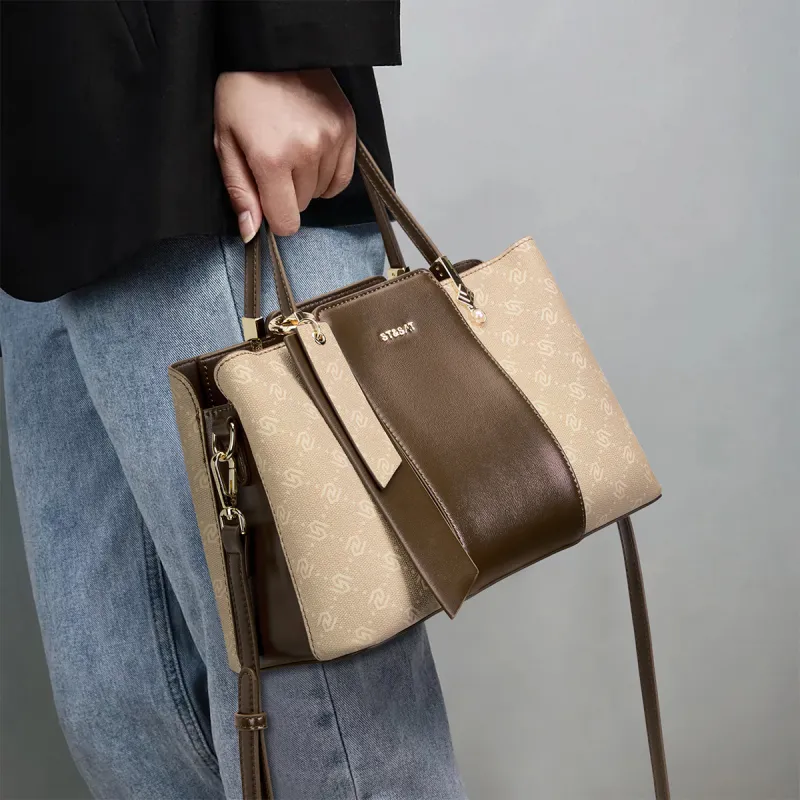 ST&SAT PVC Mom Bag, Shoulder Bag, Crossbody Bag, Handbag Women's Milk Apricot/dark Coffee-4