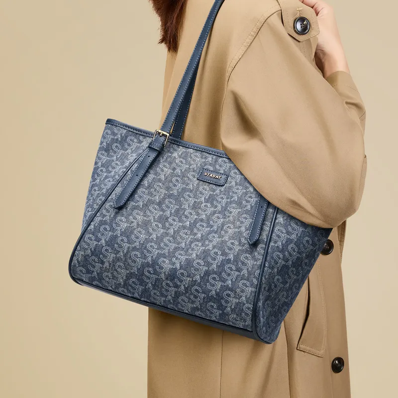 ST&SAT Fabric With Synthetic Leather Denim Bag Tote Bag, Shopping Bag, Shoulder Bag Women's Blue-3