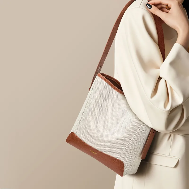 ST&SAT Synthetic Leather Bucket Tote Handbag, Crossbody Bag, Shoulder Bag Women's White-4