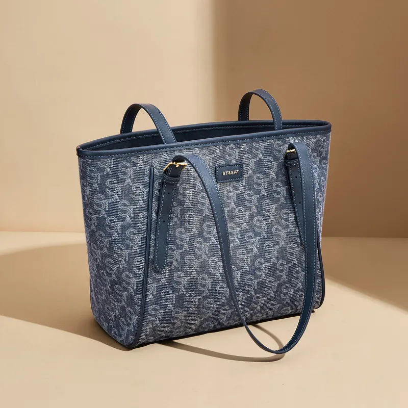 ST&SAT Fabric With Synthetic Leather Denim Bag Tote Bag, Shopping Bag, Shoulder Bag Women's Blue-6