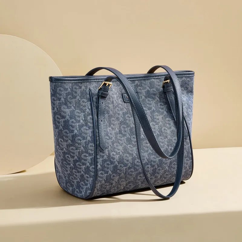 ST&SAT Fabric With Synthetic Leather Denim Bag Tote Bag, Shopping Bag, Shoulder Bag Women's Blue-5