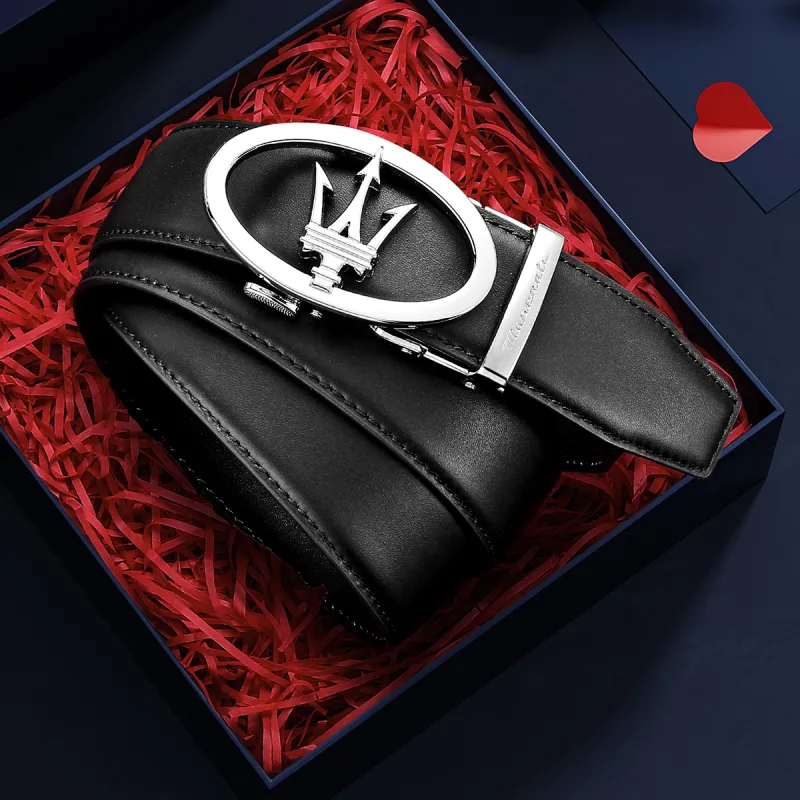 Maserati Top Grain Cow Leather Belts Men's Black Width  3.5cm-3