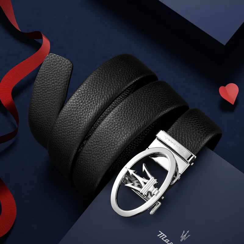 Maserati Top Grain Cow Leather Belts Men's Black Width  3.5cm-6