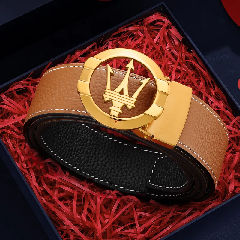 Maserati Top Grain Cow Leather Belts Men's Earth Yellow Width 3.4cm-2