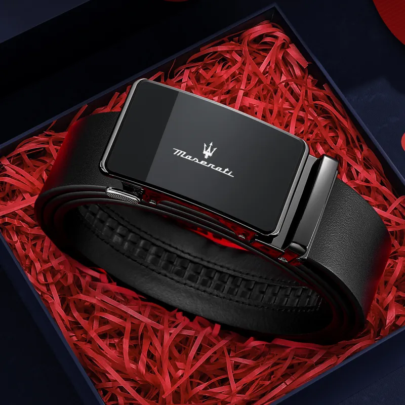 Maserati Top Grain Cow Leather Belt Men's Black Width 3.5cm-10