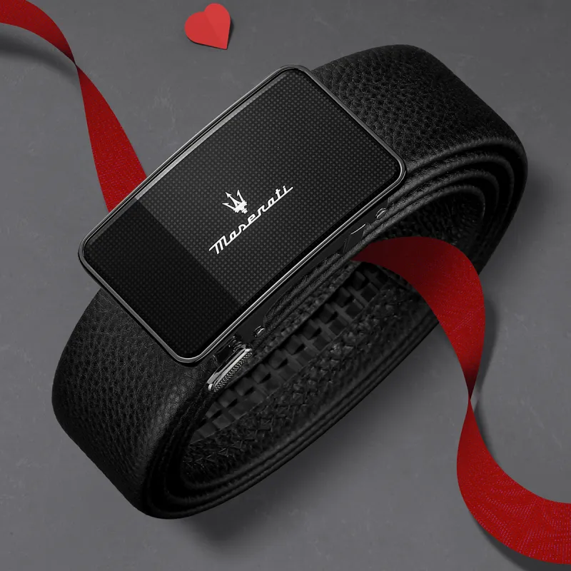 Maserati Top Grain Cow Leather Belt Men's Black Width 3.5cm-11