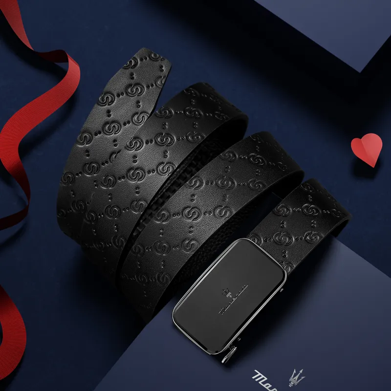 Maserati Top Grain Cow Leather Belts Men's Black Width 3.5cm-6