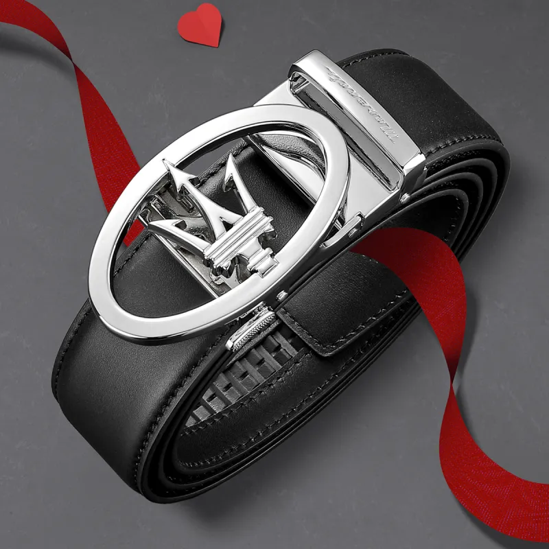 Maserati Top Grain Cow Leather Belts Men's Black Width  3.5cm-4