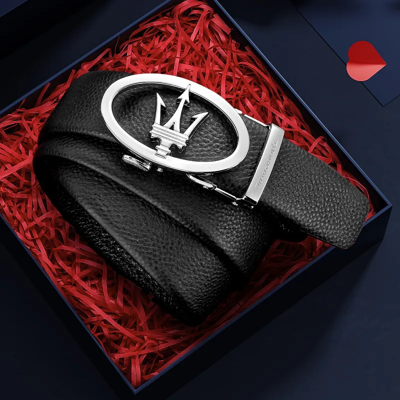 Maserati Top Grain Cow Leather Belts Men's Black Width  3.5cm-3