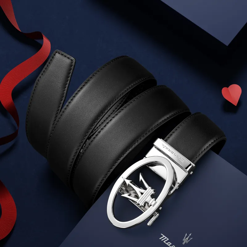 Maserati Top Grain Cow Leather Belts Men's Black Width  3.5cm-6
