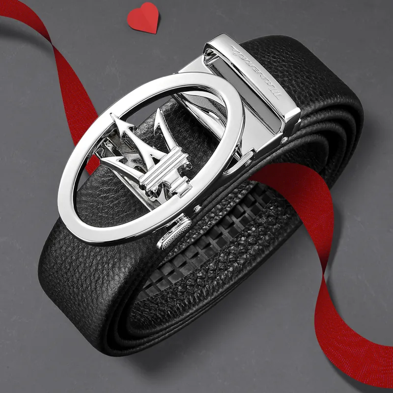 Maserati Top Grain Cow Leather Belts Men's Black Width  3.5cm-4