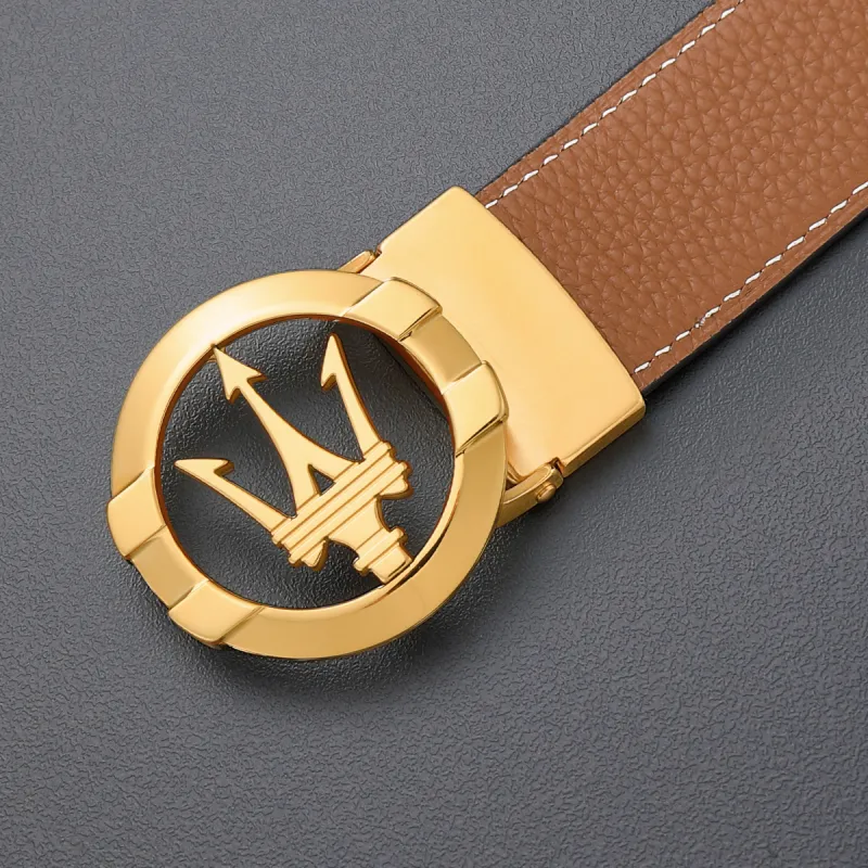 Maserati Top Grain Cow Leather Belts Men's Earth Yellow Width 3.4cm-5
