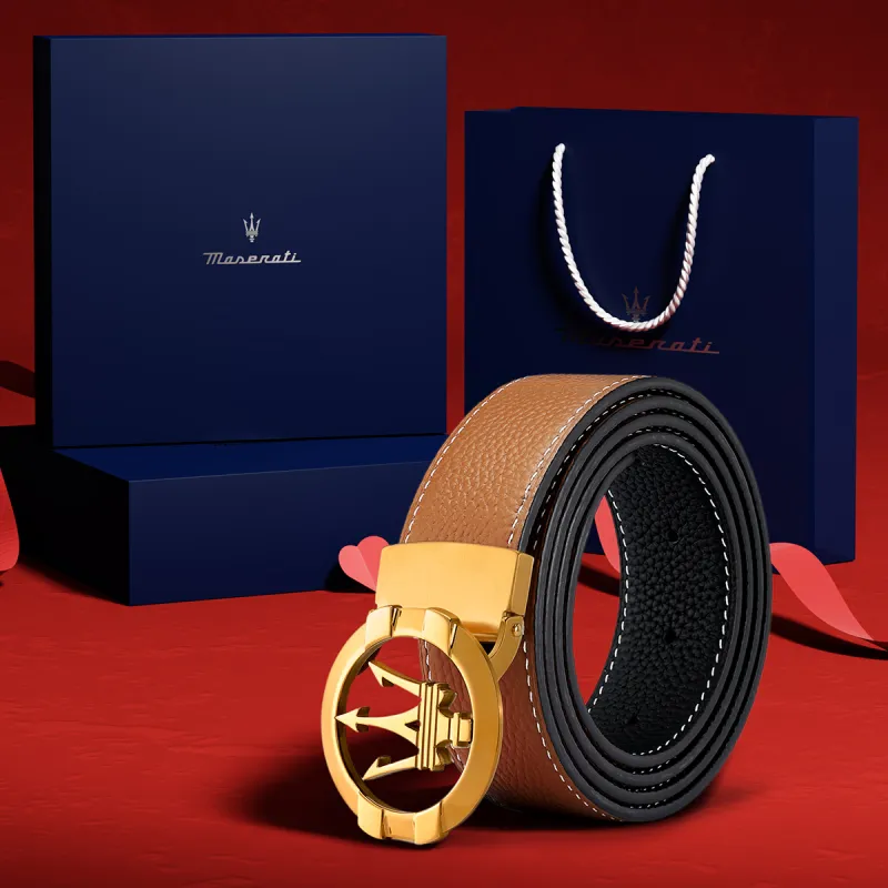 Maserati Top Grain Cow Leather Belts Men's Earth Yellow Width 3.4cm-1