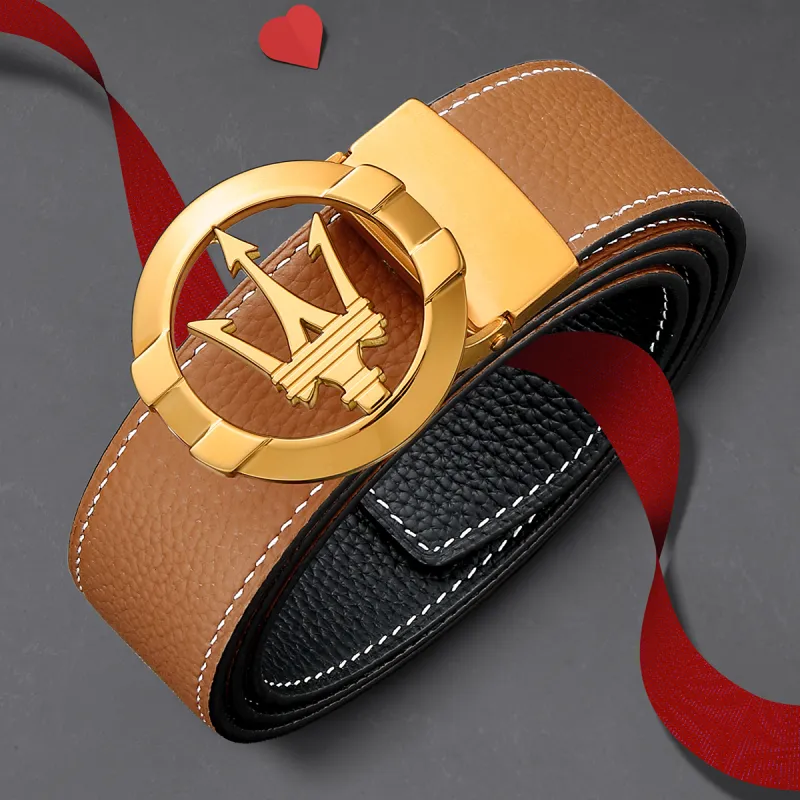 Maserati Top Grain Cow Leather Belts Men's Earth Yellow Width 3.4cm-4