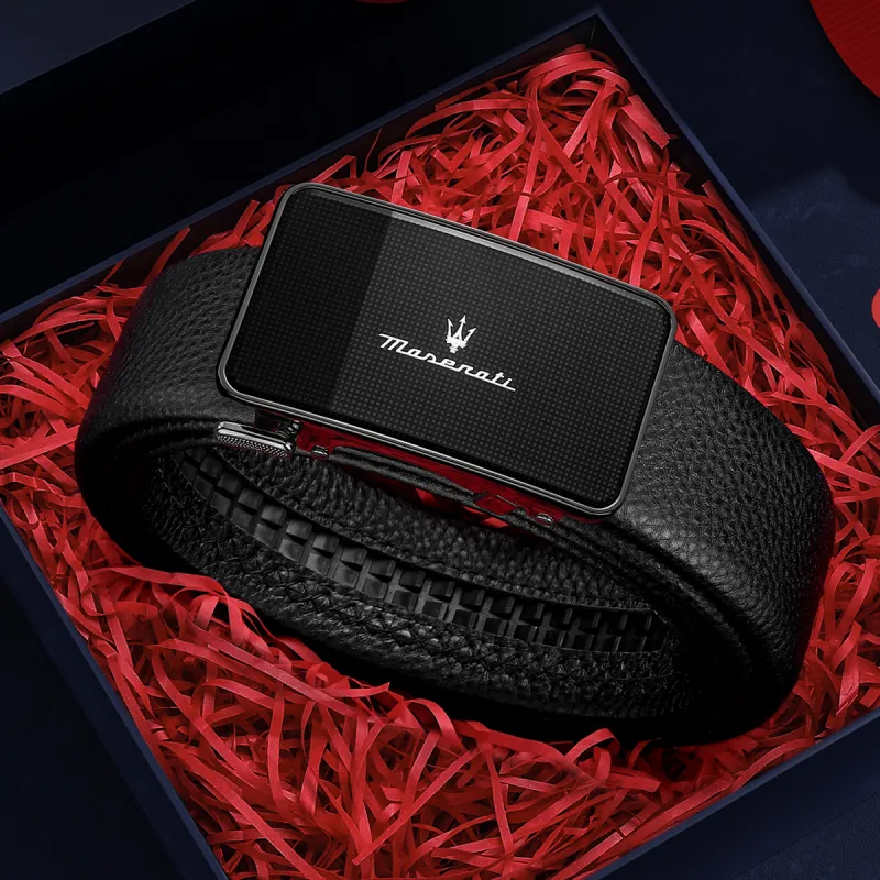 Maserati Top Grain Cow Leather Belt Men's Black Width 3.5cm-10