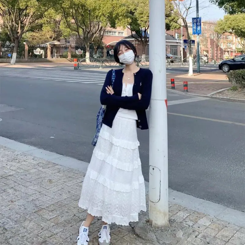 Mu Xiao Xin Knit Long Skirt Women's White-3