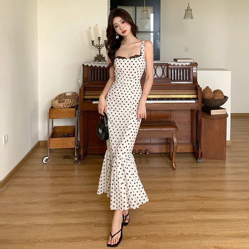 Mu Xiao Xin Slip Dresses Women's White Polka Dot-5