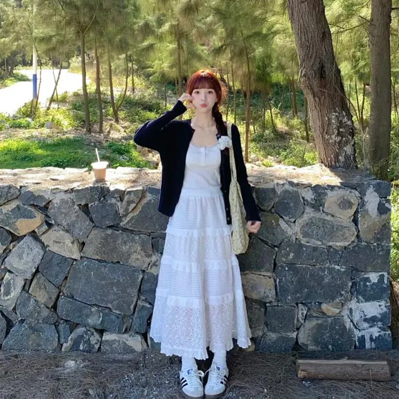 Mu Xiao Xin Knit Long Skirt Women's White-2