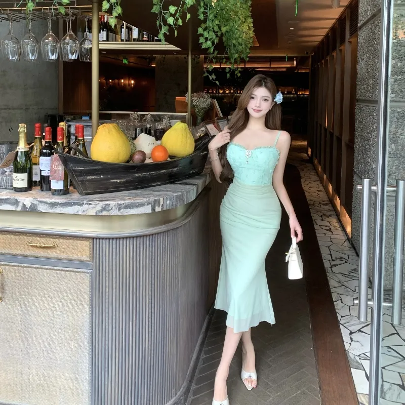 Mu Xiao Xin Slip Dresses Women's Green-3