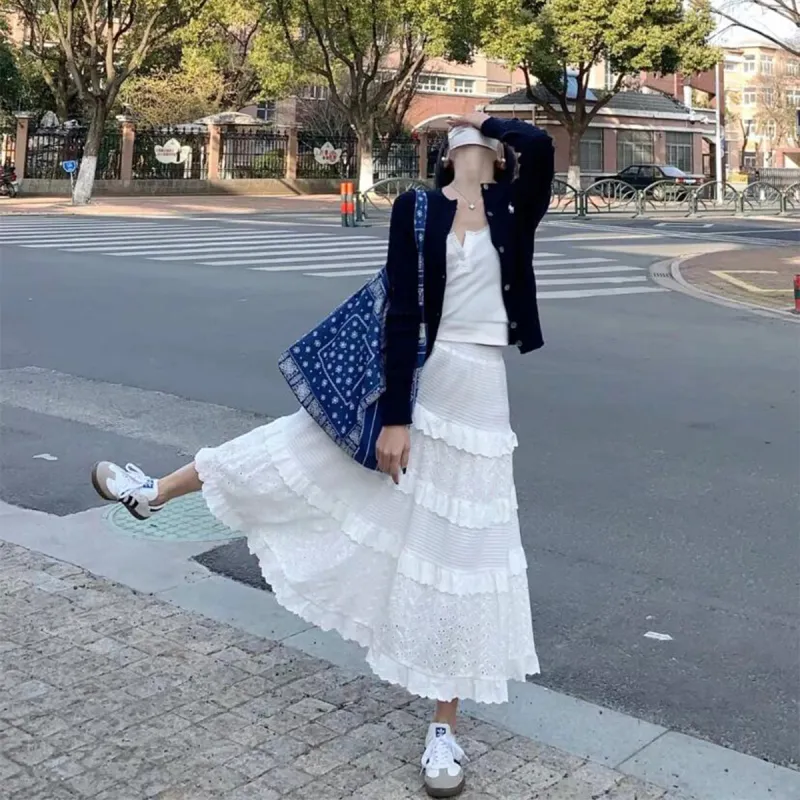 Mu Xiao Xin Knit Long Skirt Women's White-4