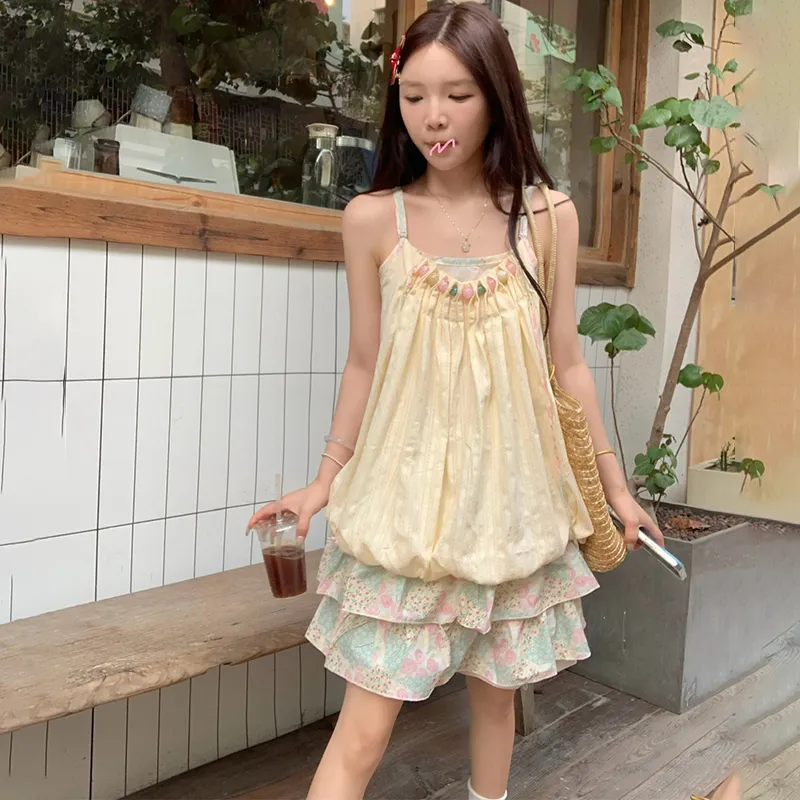 Mu Xiao Xin Slip Dress Women's Pink Green Floral-5