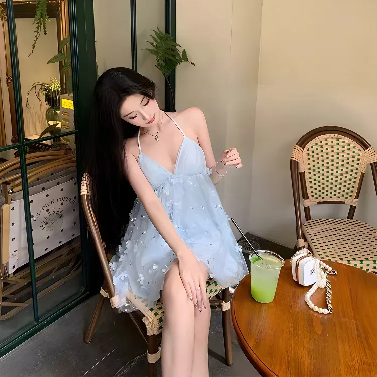 Mu Xiao Xin Slip Dresses Women's Blue-5
