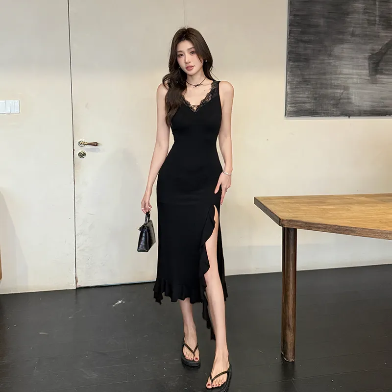 Mu Xiao Xin Slip Dresses Women's Black-3