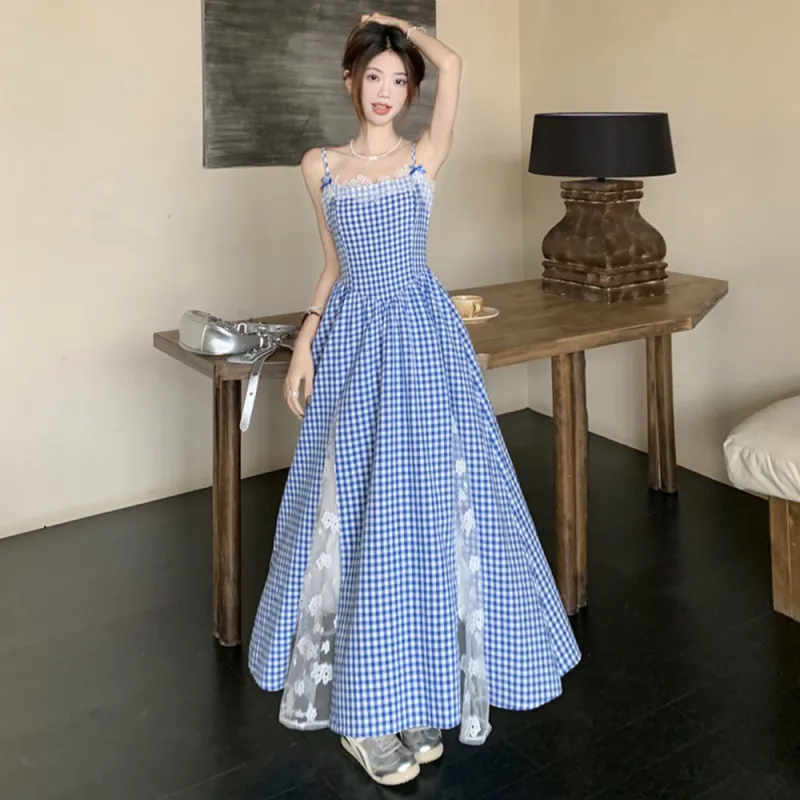 Mu Xiao Xin Slip Dresses Women's Blue Plaid-1