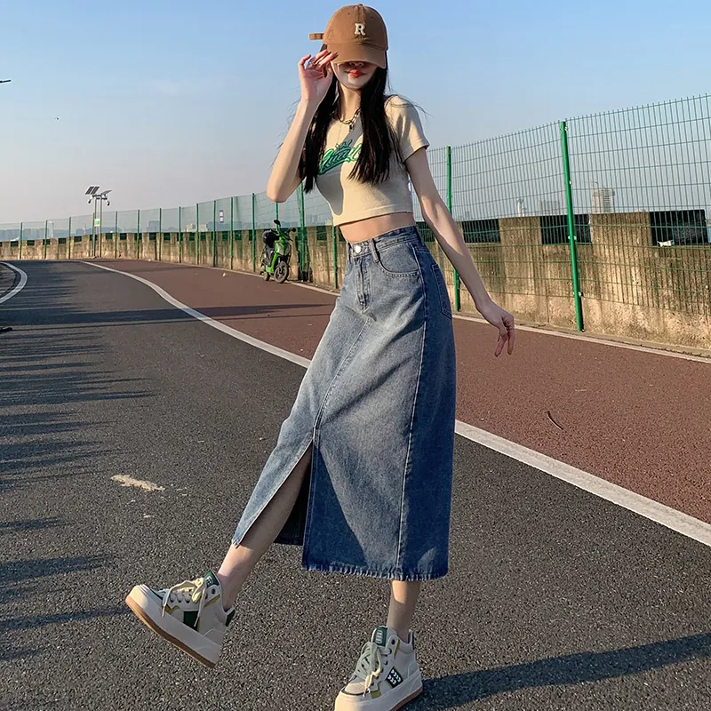 Mu Xiao Xin Denim Long Skirt Women's Blue-5