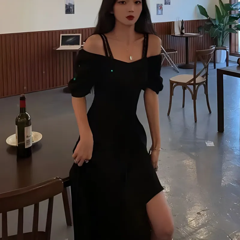 Mu Xiao Xin Slip Dresses Women's Black-3