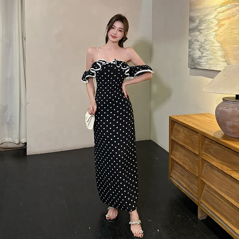 Mu Xiao Xin Slip Dresses Women's Black Polka Dot Long Skirt-4