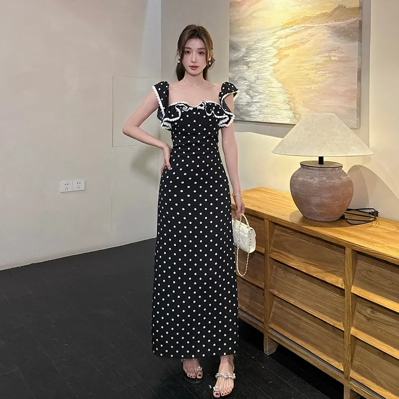 Mu Xiao Xin Slip Dresses Women's Black Polka Dot Long Skirt-3