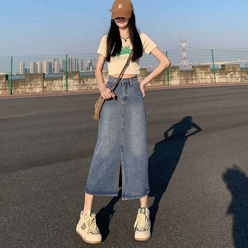 Mu Xiao Xin Denim Long Skirt Women's Blue-3