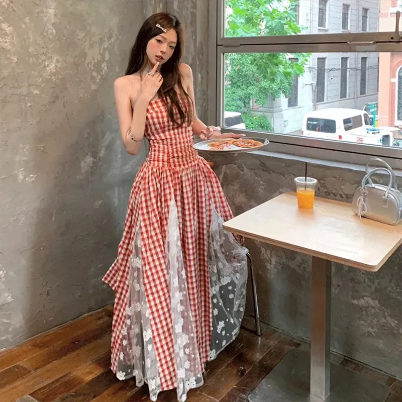 Mu Xiao Xin Slip Dresses Women's Red Plaid-3