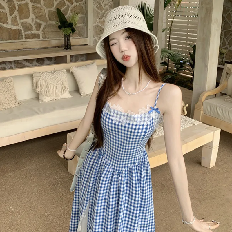 Mu Xiao Xin Slip Dresses Women's Blue Plaid-2