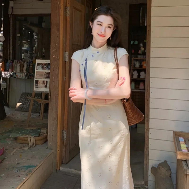 Mu Xiao Xin Cheongsams Women's Apricot Blue-2