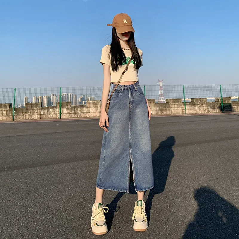 Mu Xiao Xin Denim Long Skirt Women's Blue-4