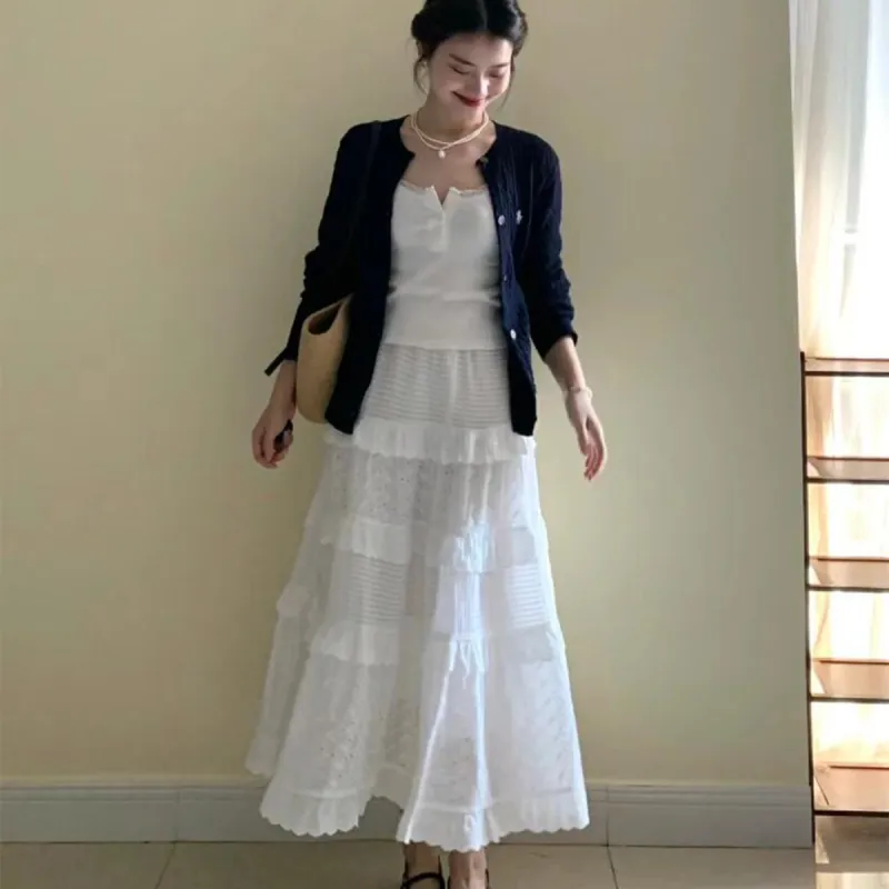 Mu Xiao Xin Knit Long Skirt Women's White-5