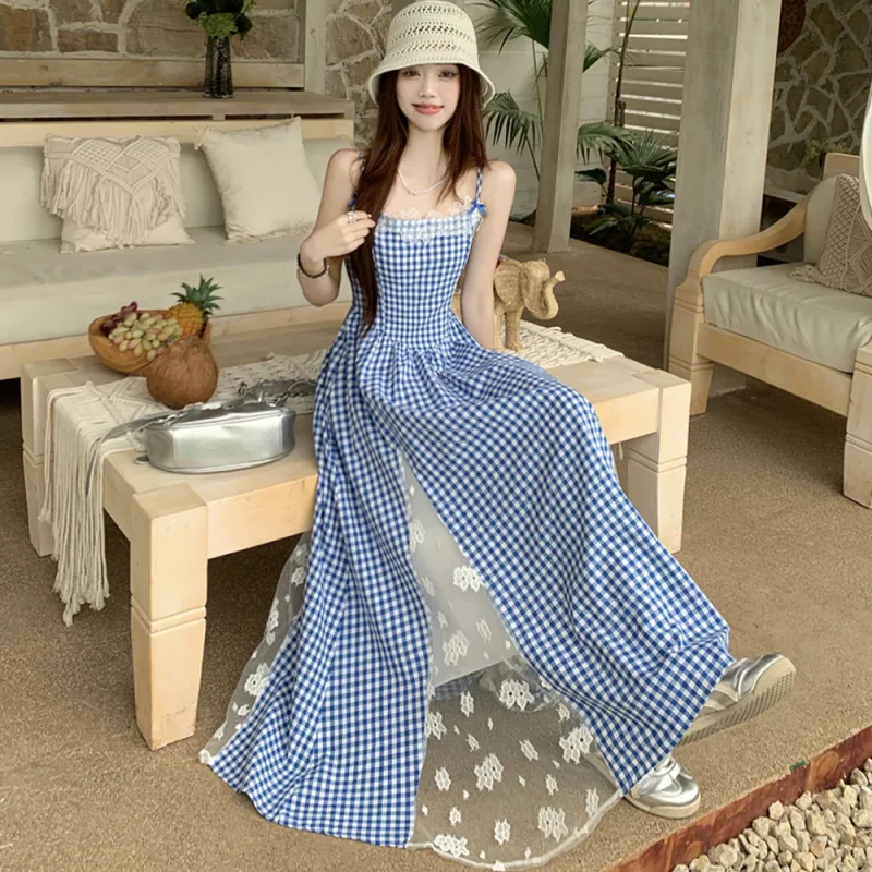 Mu Xiao Xin Slip Dresses Women's Blue Plaid-4