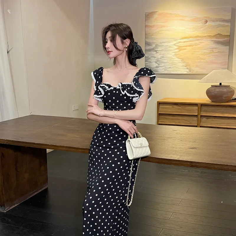 Mu Xiao Xin Slip Dresses Women's Black Polka Dot Long Skirt-2