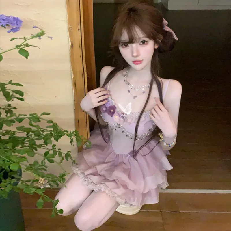 Mu Xiao Xin Slip Dresses Women's Purple Dress With Chain-3