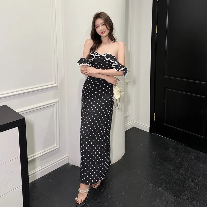 Mu Xiao Xin Slip Dresses Women's Black Polka Dot Long Skirt-5